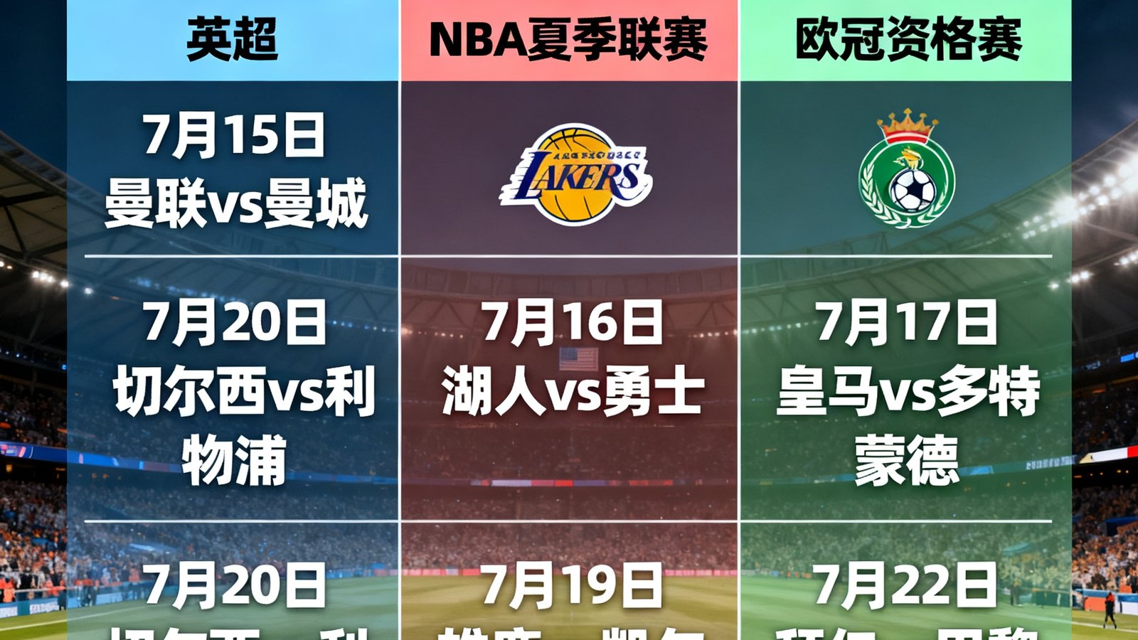 一张清晰的赛程日历图表展示，标注了2025年7月中旬英超、NBA夏季联赛和欧冠资格赛的关键比赛日期与对阵信息